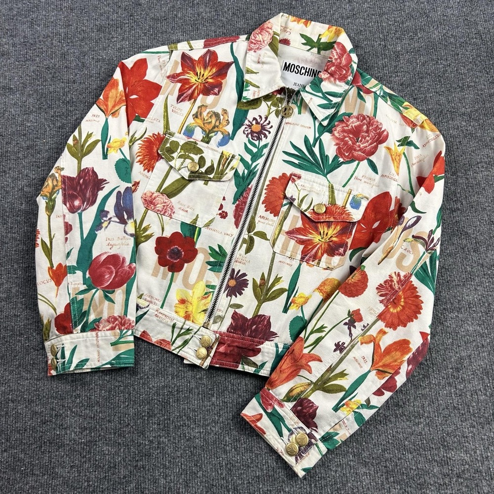 Moschino Jeans Jacket Womens 8 Multicolor Floral Cotton Peace Sign Made In Italy